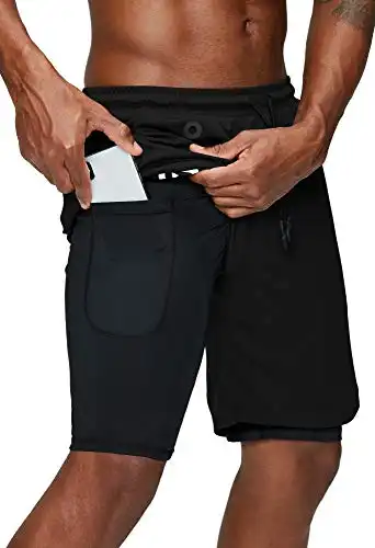 Pinkbomb Men's 2 in 1 Running Shorts Gym Workout Quick Dry Mens Shorts with Phone Pocket