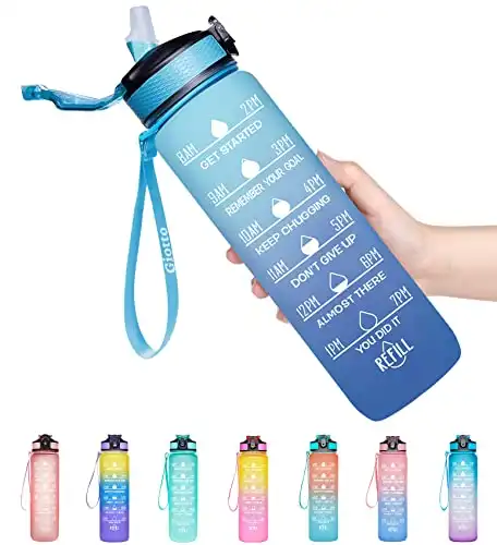 Giotto 32oz Large Leakproof BPA Free Drinking Water Bottle with Time Marker & Straw