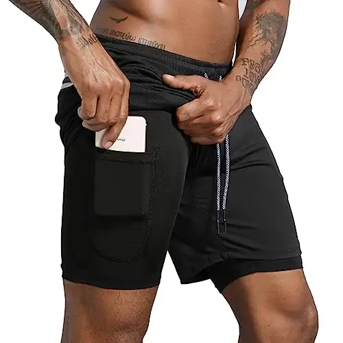 Leidowei Men's 2 in 1 Workout Running Shorts Lightweight Training Yoga Gym 7" Short with Zipper Pockets