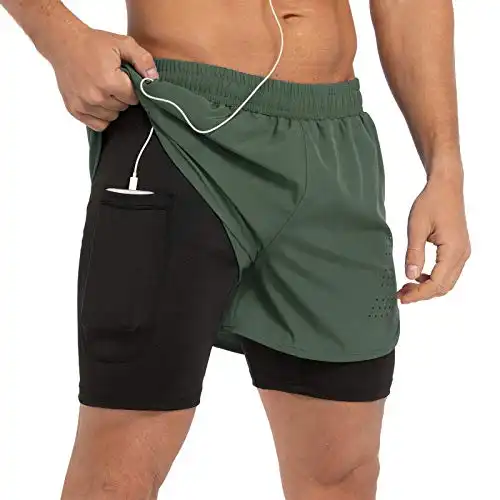 Gesean Men's 2-in-1 Running Shorts Quick Drying Breathable Training Exercise Shorts Army Green XX-Large