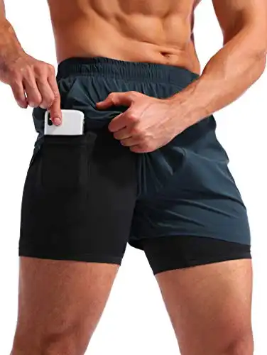 Pudolla Men s 2 in 1 Running Shorts 5" Quick Dry Gym Athletic Workout Shorts for Men with Phone Pockets