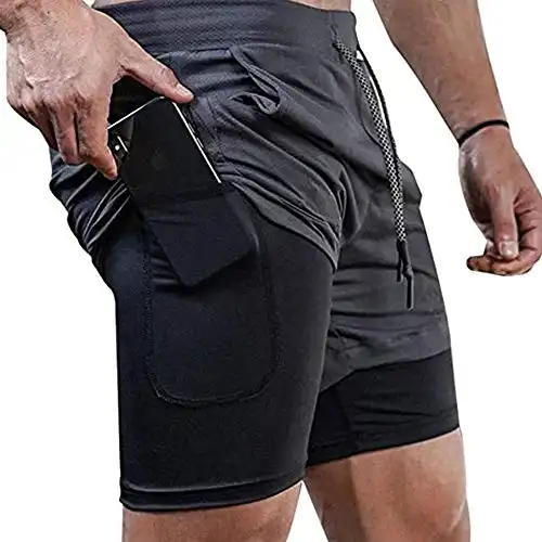 Surenow Mens Running Shorts Workout Running Shorts for Men 2-in-1 Stealth Shorts 7-Inch Gym Yoga Outdoor Sports Shorts Grey